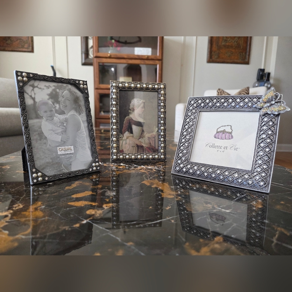 Silver Ornate Metal Adorned Bejeweled Silver Picture Frames Set Of 3
